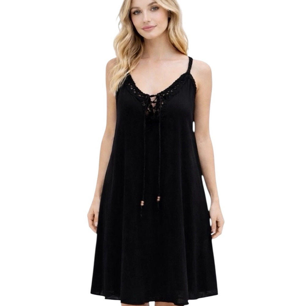 Sky Clothing Black Braided Lace-Up V-Neck Mini Dress Size Medium Made in USA